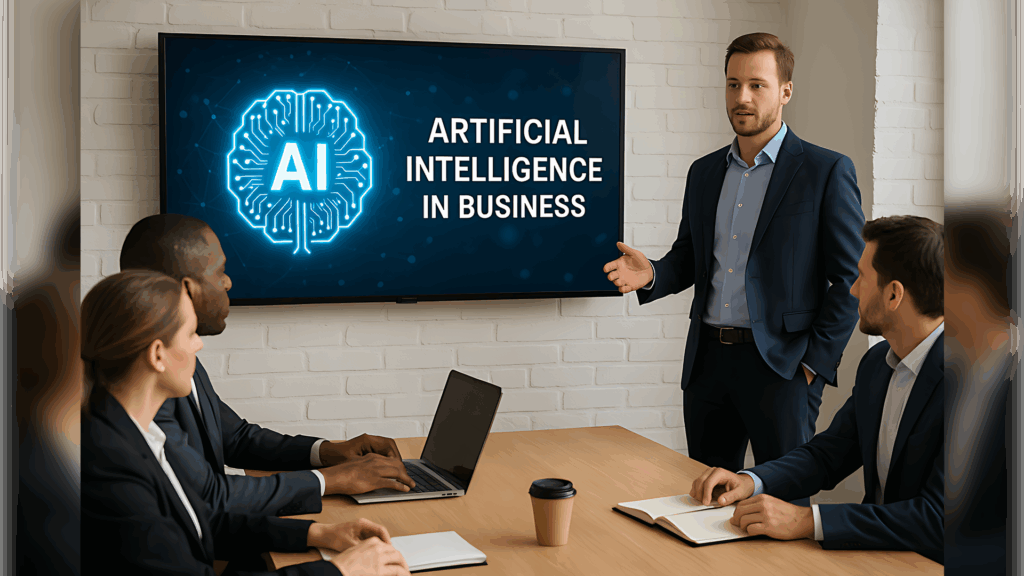 Geschäftspräsentation über Künstliche Intelligenz im Unternehmen – ein Mann im Anzug spricht vor einem Bildschirm mit der Aufschrift 'Artificial Intelligence in Business', umgeben von einem Team im Konferenzraum