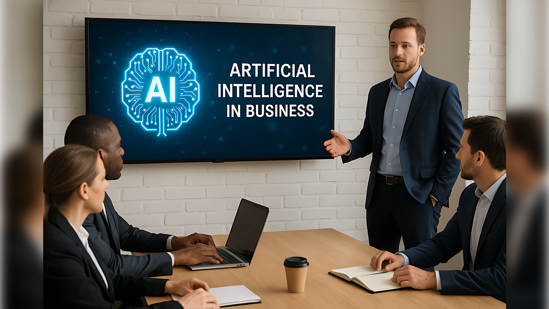 Geschäftspräsentation über Künstliche Intelligenz im Unternehmen – ein Mann im Anzug spricht vor einem Bildschirm mit der Aufschrift 'Artificial Intelligence in Business', umgeben von einem Team im Konferenzraum